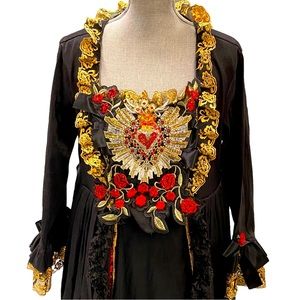 Embellished Black Maxi Dress with Gold Trim & Red Floral Appliqué